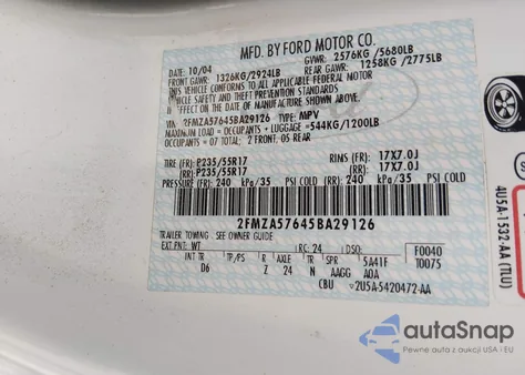 2005 Ford Freestar Ses z USA, uszkodzony, nr VIN 2FMZA57645BA29126